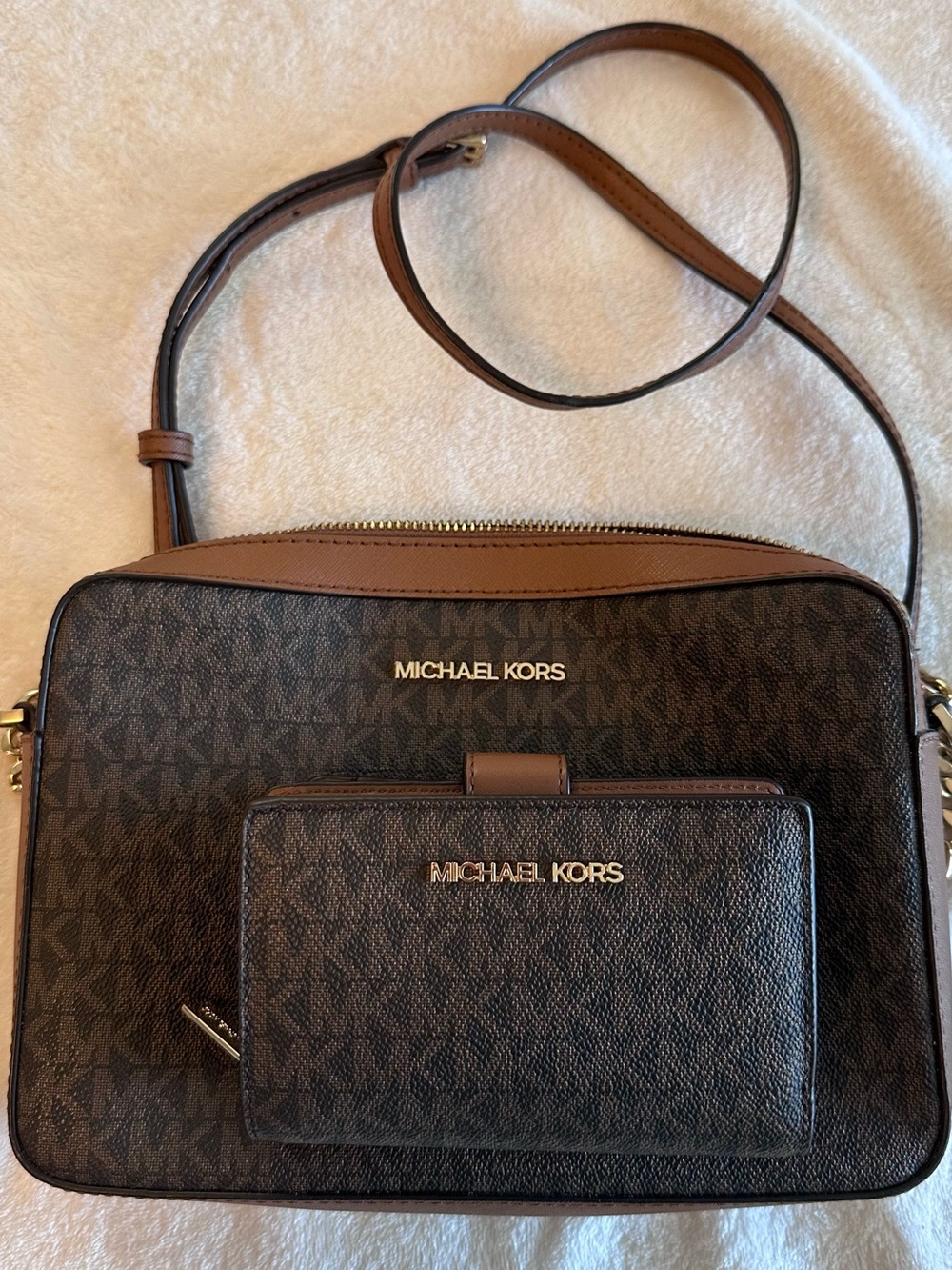 Michael Kors Brown and Dark Brown Signature Crossbody with Wallet